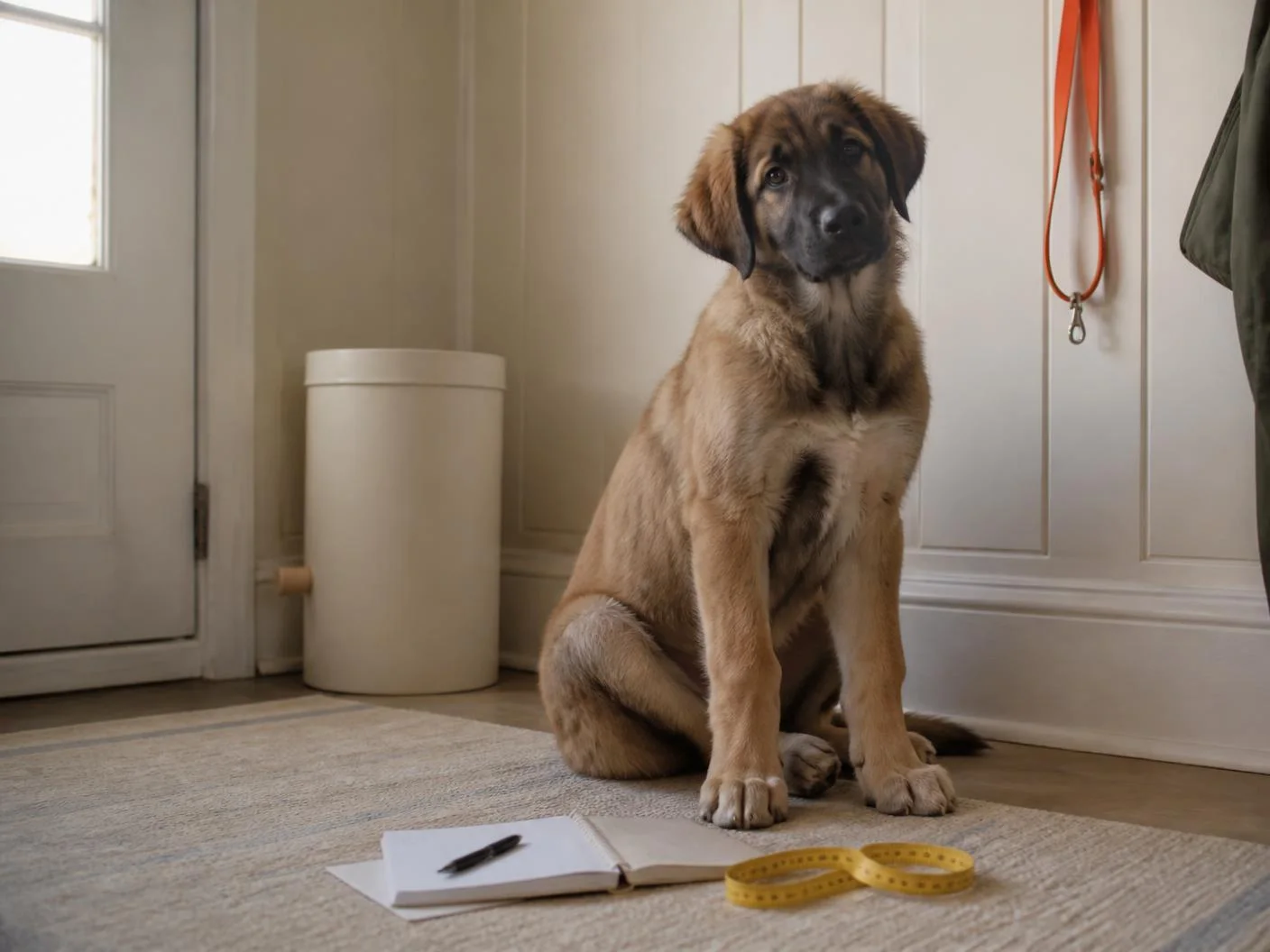 Large mixed-breed puppy beside a notebook and measuring tape in a home entryway