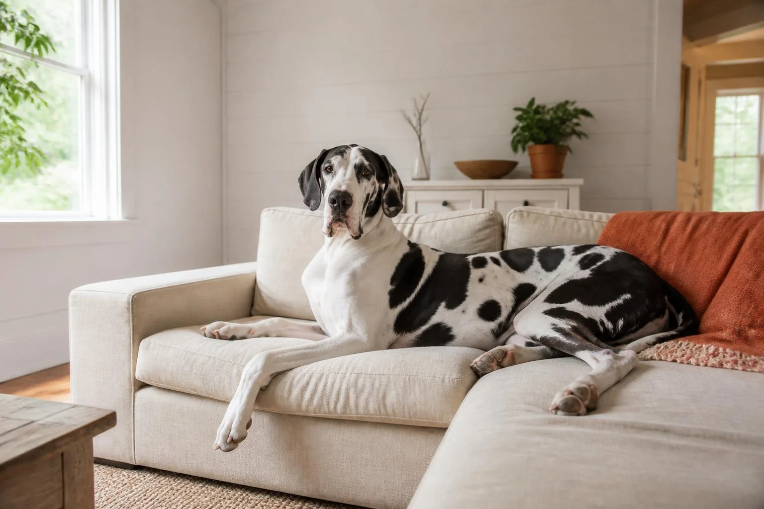 Great Dane stretched across a cream sofa in a bright living room