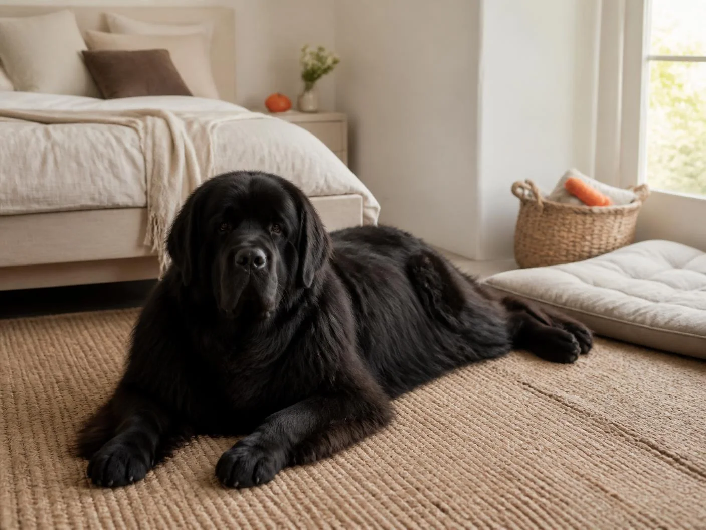 Newfoundland resting in a neutral bedroom beside a large floor bed
