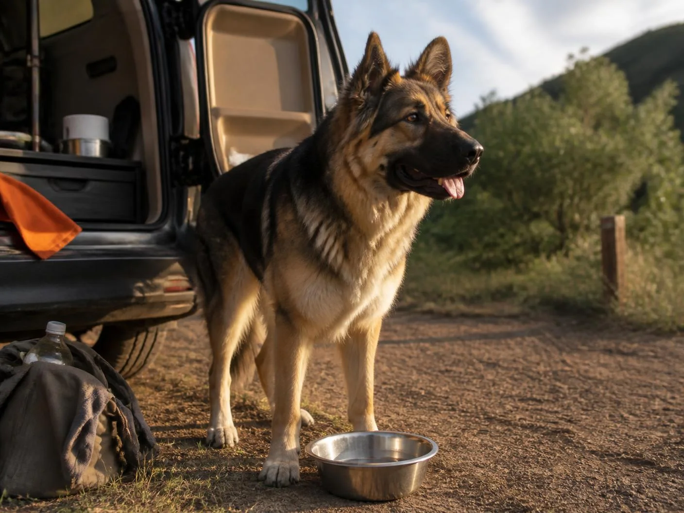 Large shepherd-type dog standing beside an open vehicle at a trailhead